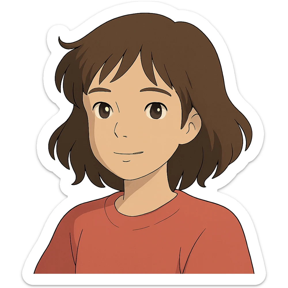 ghibli style portrait of an Asian girl with medium brown wavy hair and brown eyes sticker