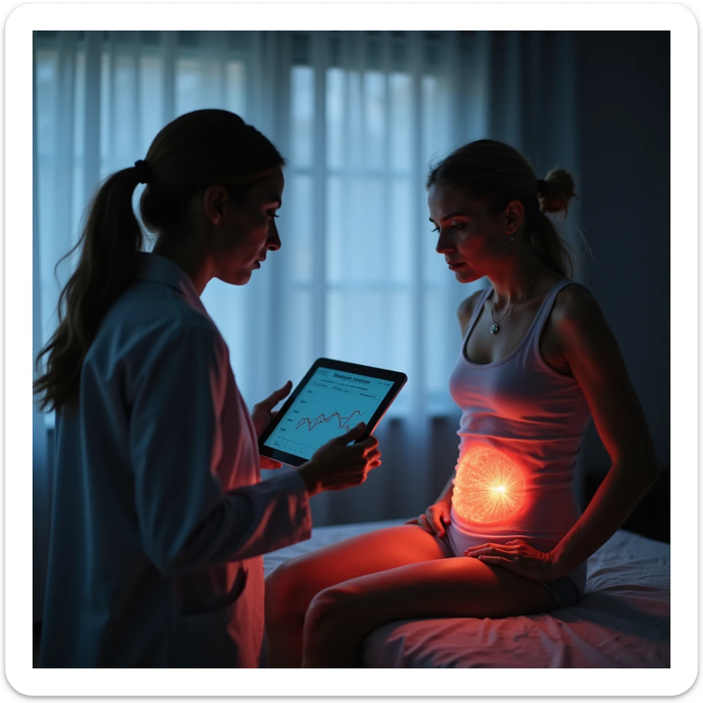 symbolic scene: woman with PCOS sitting on medical examination table, doctor showing tablet with graph highlighting metabolic risk, abdominal area illuminated by red light, text in Italian: 'Non è solo estetica, è salute', 4K quality sticker