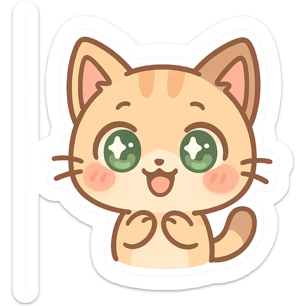kawaii chibi-style cat emoji with pastel orange and brown cream fur, anime-style happy expression, sparkly green eyes, blushing cheeks, pastel color palette, soft rounded design, vector art sticker