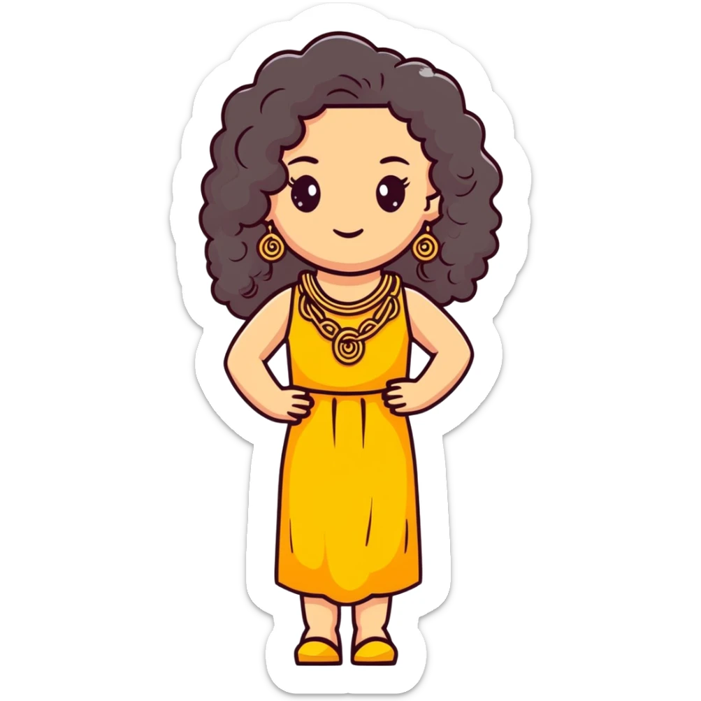 pretty Greek girl with big puffy long curly hair, gold statement earrings and necklace, cute modern dress sticker