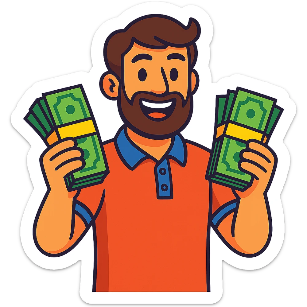bearded brown-haired man in a polo shirt holding bundles of bills in vibrant toon style sticker