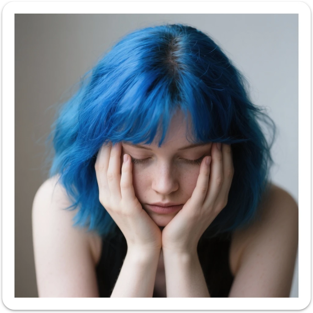 Woman with blue hair with her head in her hands sticker