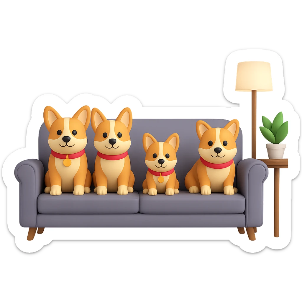 Change the dog family to a corgi breed, keep the bright family room scene, in the style of 3D emoji style, with no background. sticker