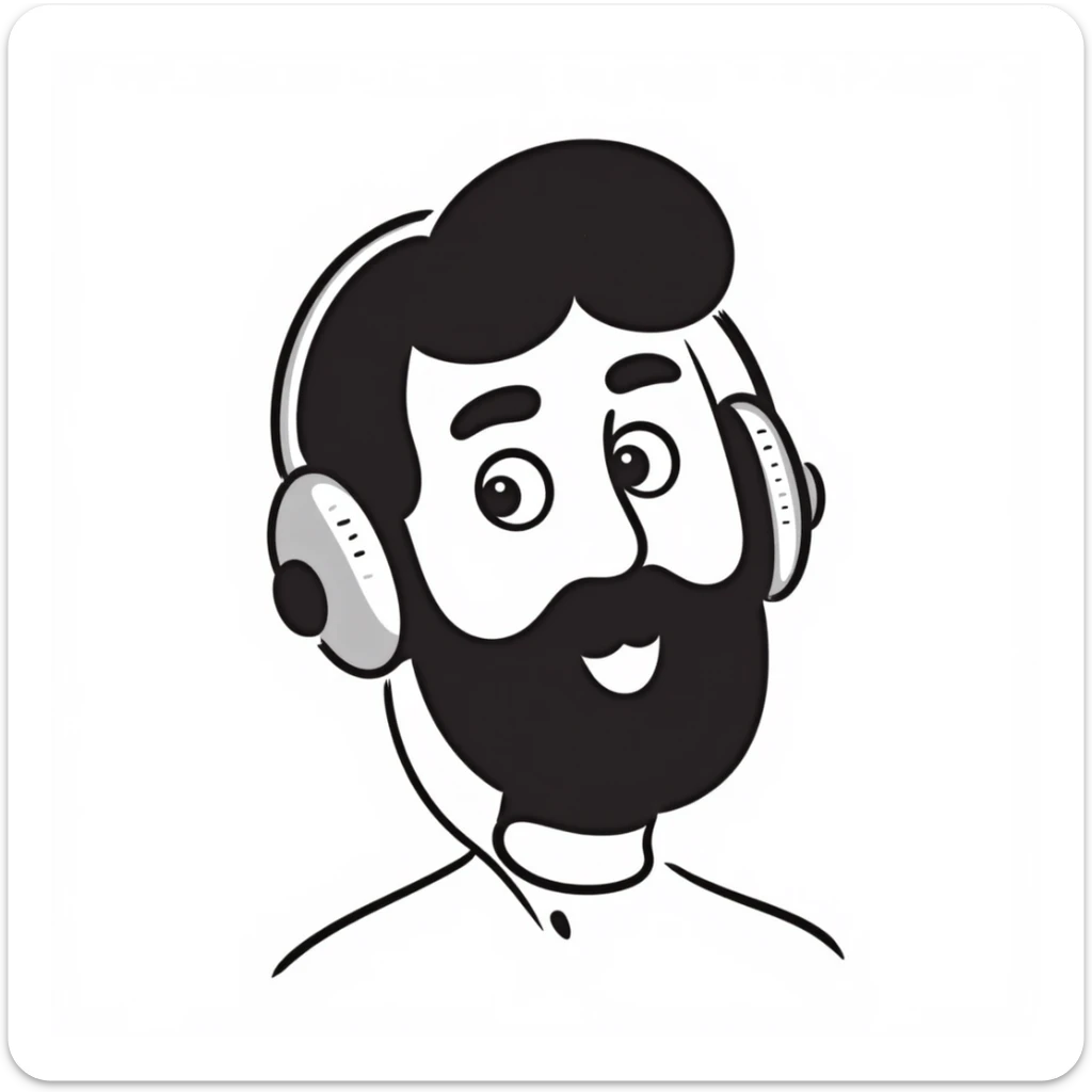 A person with black hair, brown eyes, black beard wearing gaming headphones, saying "Bonjour!" sticker