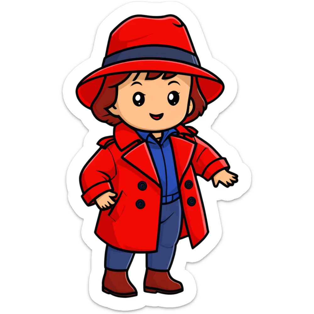 Baby Carmen Sandiego in red trench coat and hat, cute detective sticker