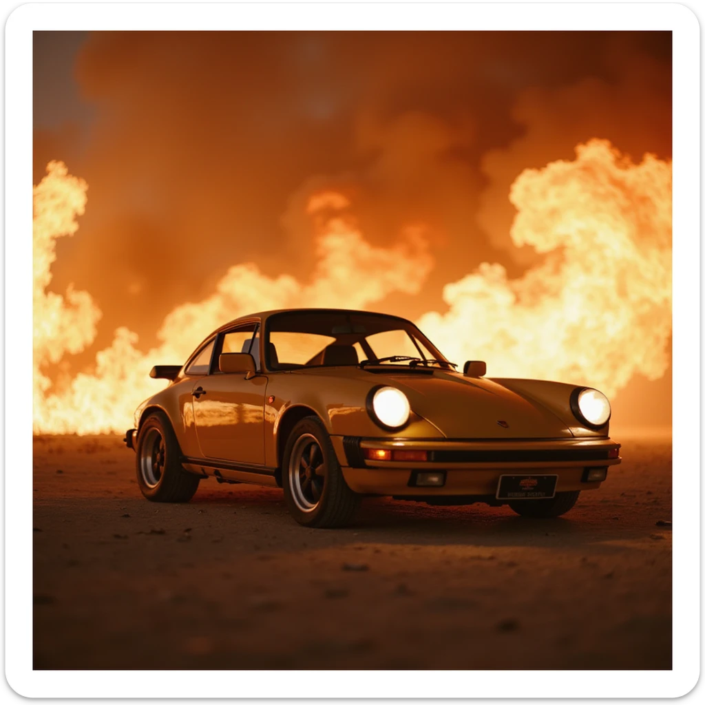 Cinematic shot, Porsche 911 in fire, desert sticker