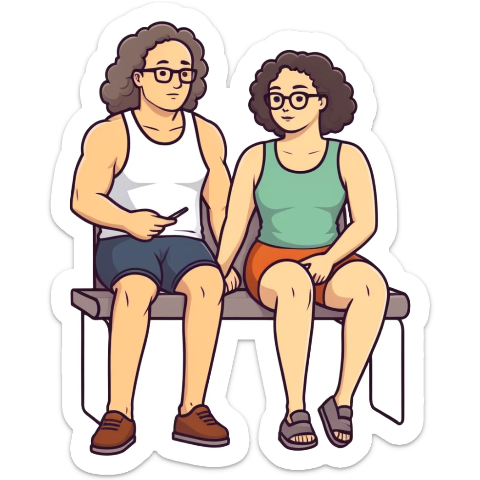 caucasian bald man with glasses and caucasian woman with no glasses, long curly dark hair and massive boobs and a tank top. Her hand is on his leg.  sticker