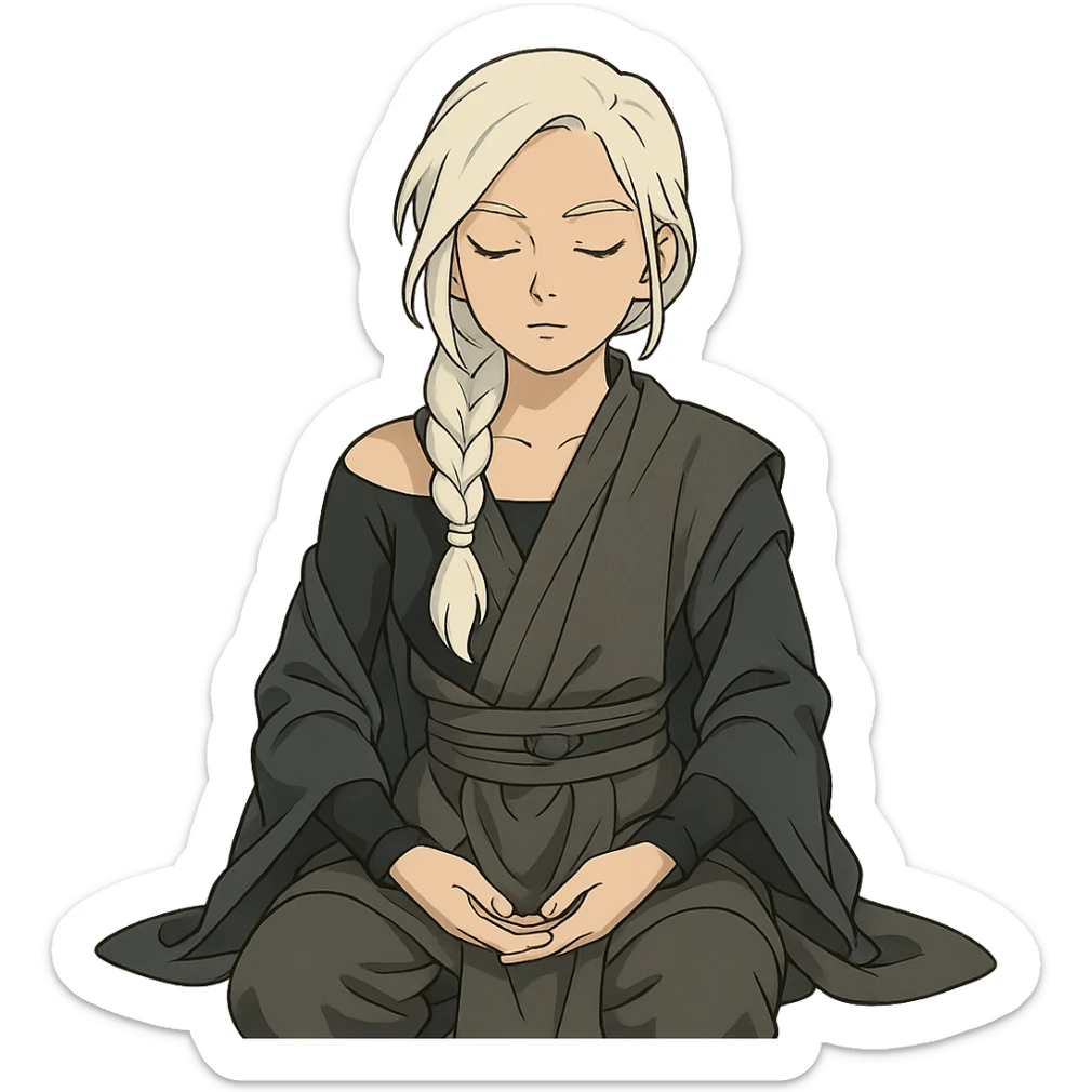  a closeup portrait of young woman with gold yellow eyes, white hair, long braid, black off-shoulder top, punk gothic style, futuristic cyberwave cyberpunk,  jedi attire, kneeling and gathering chi, jedi meditate, eyes closed hands at full rest. original republic jedi robes padawan sticker
