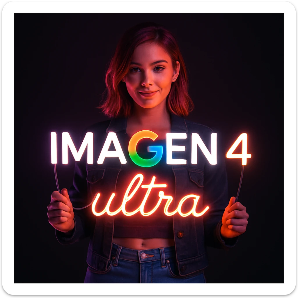 make a girl holding this sign, but sign in made of neon, also add ultra below the sign sticker