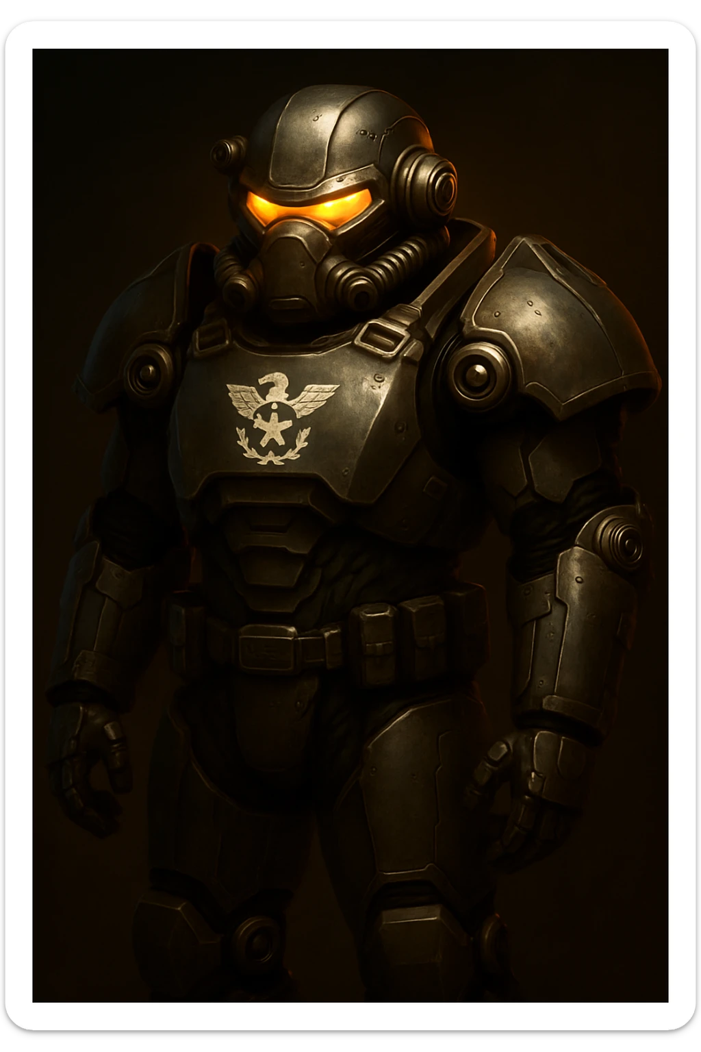 Add the Enclave logo prominently on the chest of the X-01 power armor. Maintain the detailed, futuristic, metallic look with dramatic lighting emphasizing the armor's contours and the logo's presence. sticker