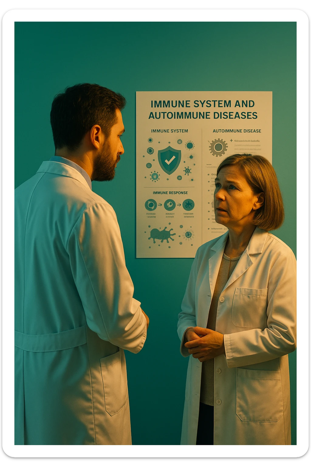 Realistic, detailed photo taken from behind of one doctor e un paziente —a bearded man and a middle-aged woman—standing and facing each other as they discuss an autoimmune disease diagnosis in front of a medical chart that displays information about the immune system and autoimmune conditions. The scene is illuminated by a yellowish, orange, warm light that softly envelops the doctors. The entire room is bathed in a single green-blue color, creating a cohesive and modern atmosphere. Both doctors wear white coats, and their body language suggests a serious, professional conversation about the complexities of autoimmune diseases. Shot with a Canon EOS R5, with high detail and natural depth of field. scritto in italiano sticker