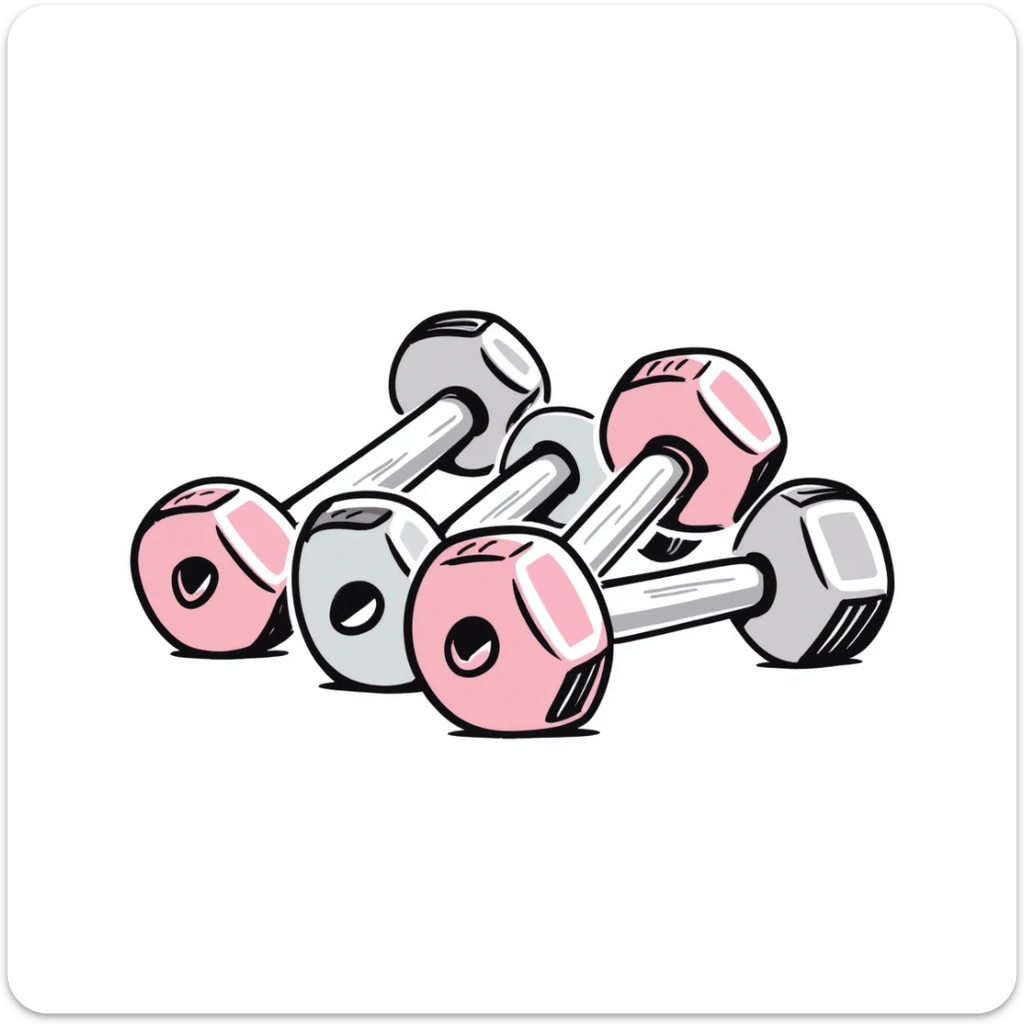 A set of fitness dumbbells with hexagonal ends in pastel colors (dd9fb0, ffc6d3, a3bfc9, c4bee2, f1b091), hand-drawn doodle style sticker