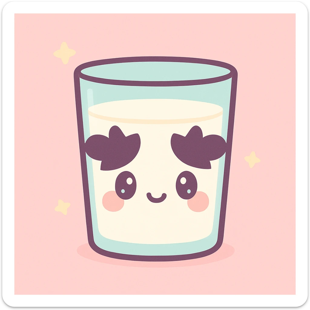 a glass of milk decorated with a cute cow face, kawaii style sticker