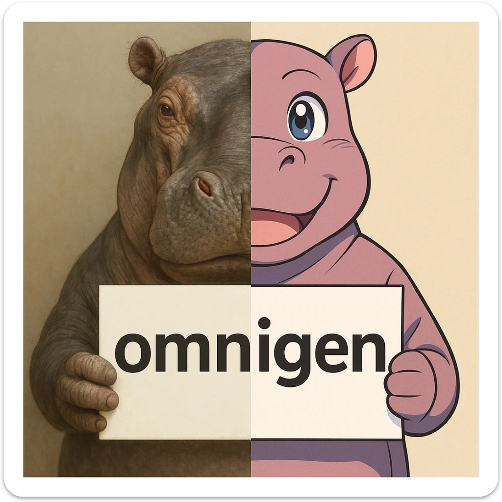 a hippo holding sign of omnigen, half picture hippo is realistic another hald is the anime of that same hippo sticker