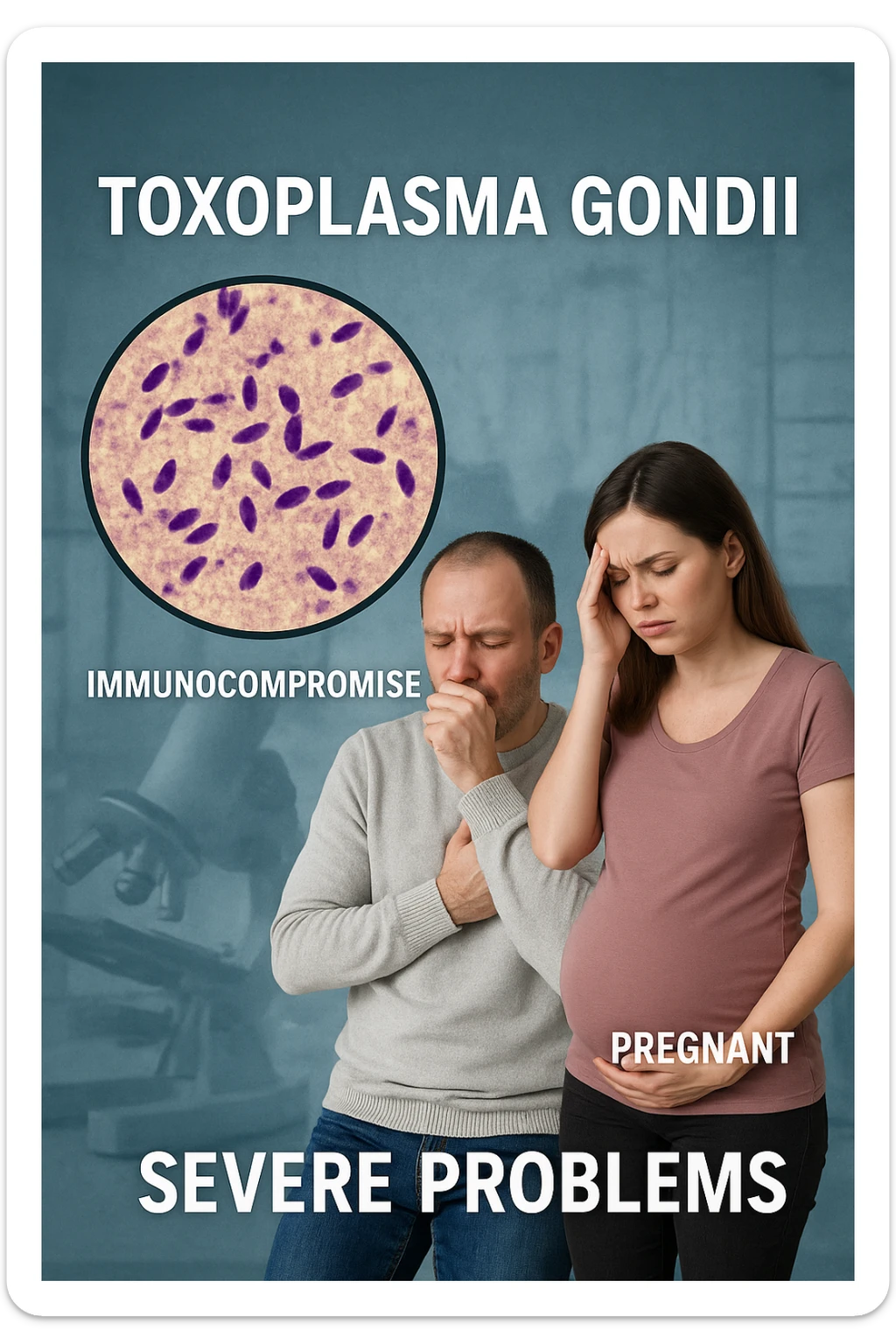 Toxoplasma gondii, infetta uomo immunodepresso e donne incinta. Causando gravi problemi tutto scritto in italiano immagine realistica sticker