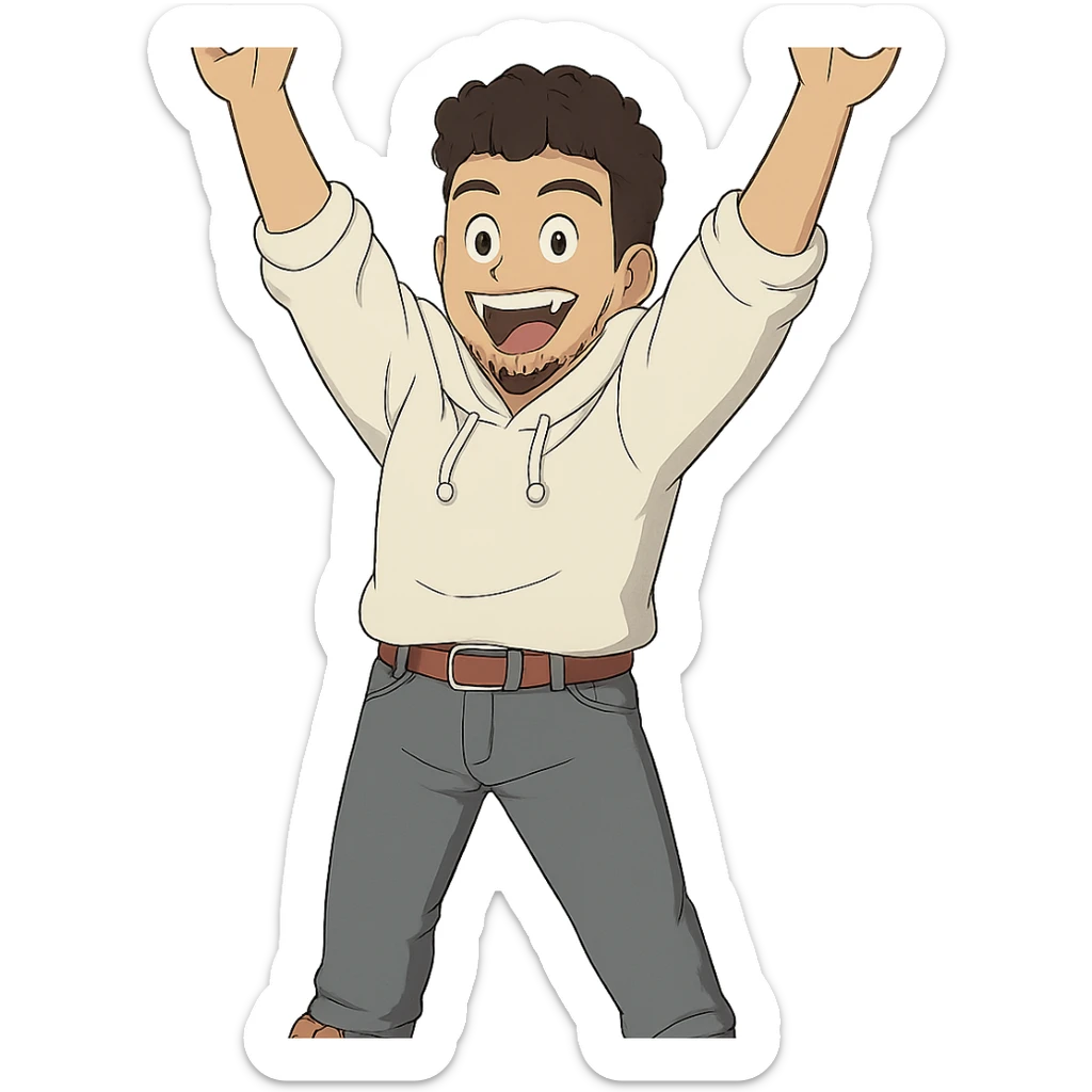 1 male, mid fade haircut dark chestnut brown curly hair, toasted lightskin, white hoodie sleeves up, gray fashion jeans, red fashion-sneakers shoes, red belt, short trimmed beard and goatee,  style of deku from "my hero academia",  doing a pose for a "happy" emote for twitch sticker