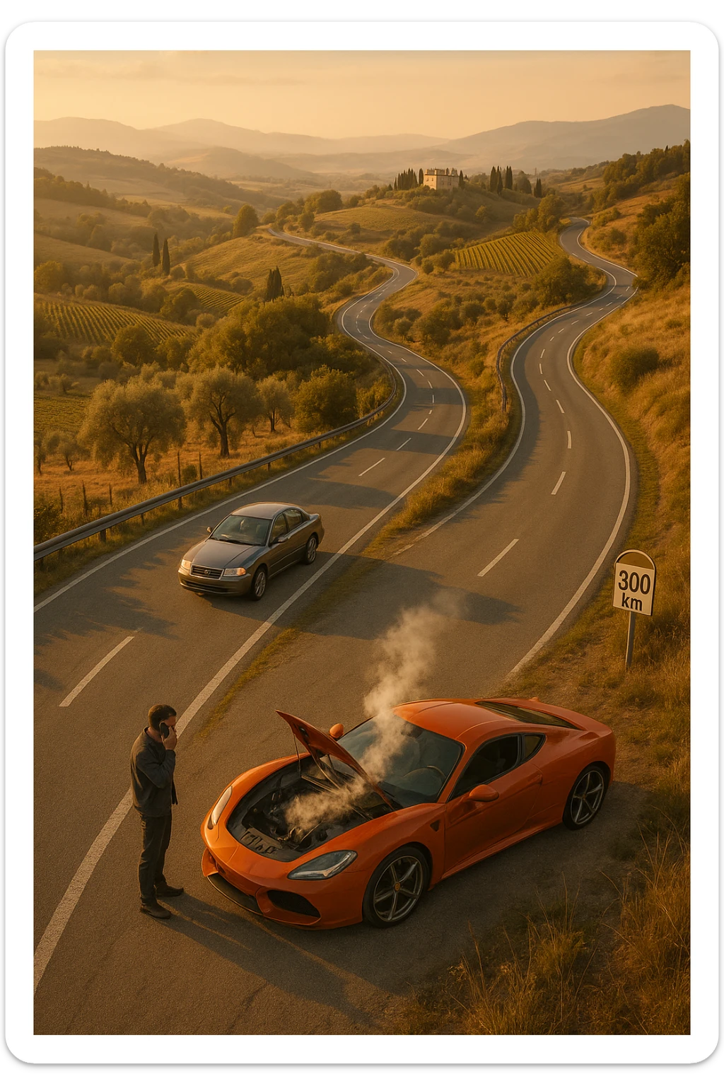 "Aerial view of winding mountain road through Italian countryside, steady reliable sedan maintaining consistent pace with confident driver, versus flashy supercar stopped at roadside with hood open and steam rising, mechanic being called on phone, 300km milestone sign visible in distance, moral lesson about reliability over showmanship, golden hour lighting" sticker