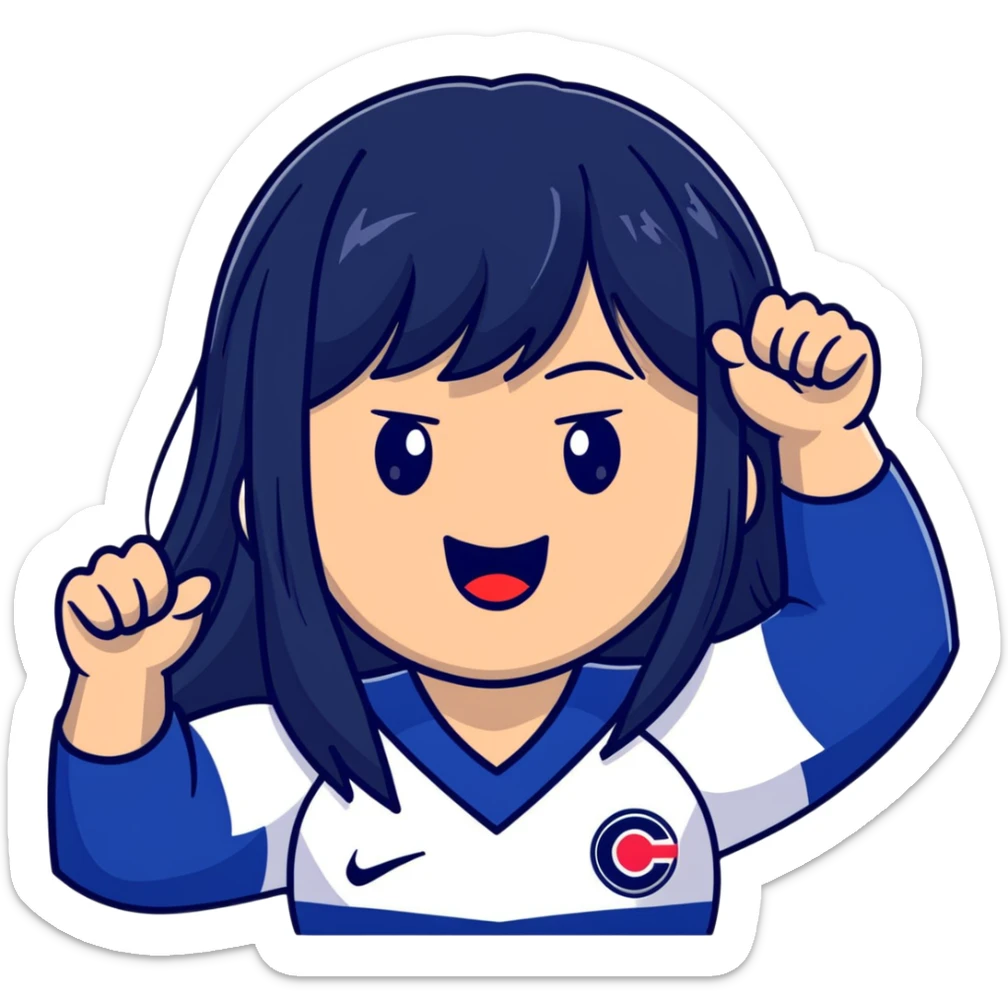 East Asian woman with long black straight hair and bangs wearing Doosan Bears team colors navy blue and red, cheering sticker