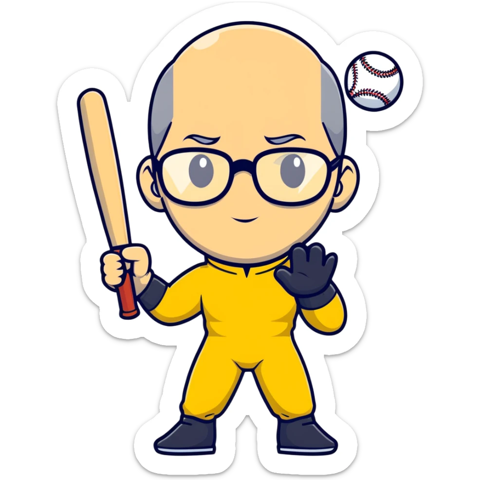 Steve Jobs with glasses and black turtleneck under Bruce Lee yellow jumpsuit, holding baseball bat and ball sticker