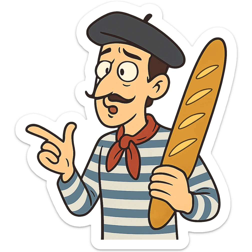 flat toon style French man with blue and white striped shirt, black beret, holding a baguette sticker