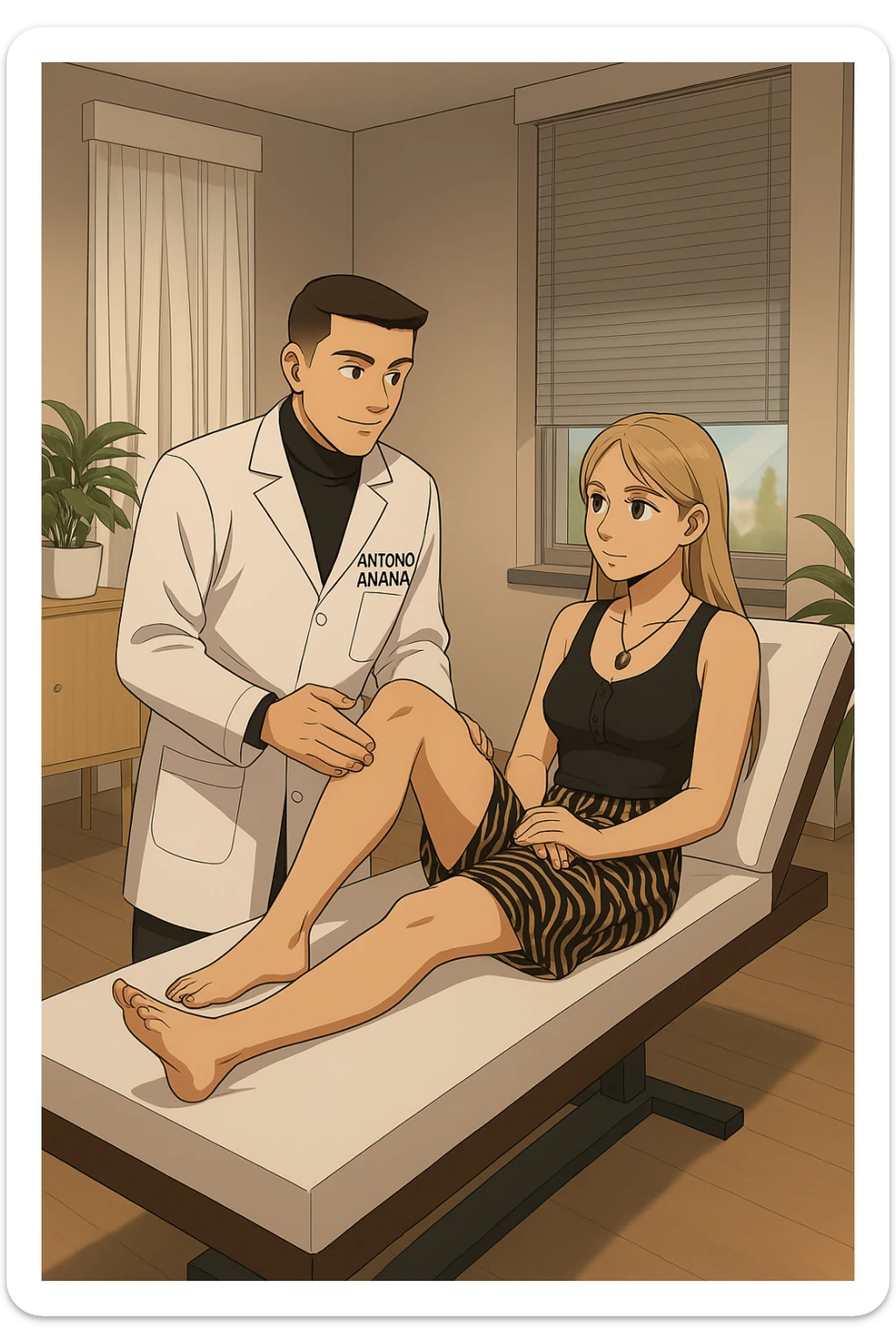 fai un webtoon/manga a colori con questo kinesiologo in camice bianco (fagli la scritta "ANTONIO ANANIA" SUL CAMICE) CHE SVOLGE UN TEST NEUROMUSCOLARE SOLLEVANDO UNA GAMBA ALLA RAGAZZA CHE è STESA SU UN LETTINO BIANCO. STANZA SEMPLICE E MODERNA, DURANTE IL TEST I DUE DIALOGANO TRA LORO. NON FARE I FUMETTI, FAI SOLO LORO COME SE DIALOGASSERO sticker