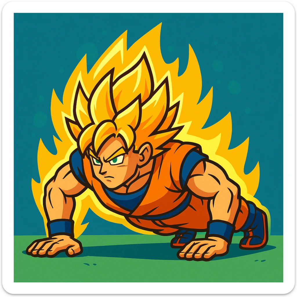 Goku from Dragon Ball Z doing push ups as Super Saiyan, vibrant cartoon style, glowing golden hair and aura sticker