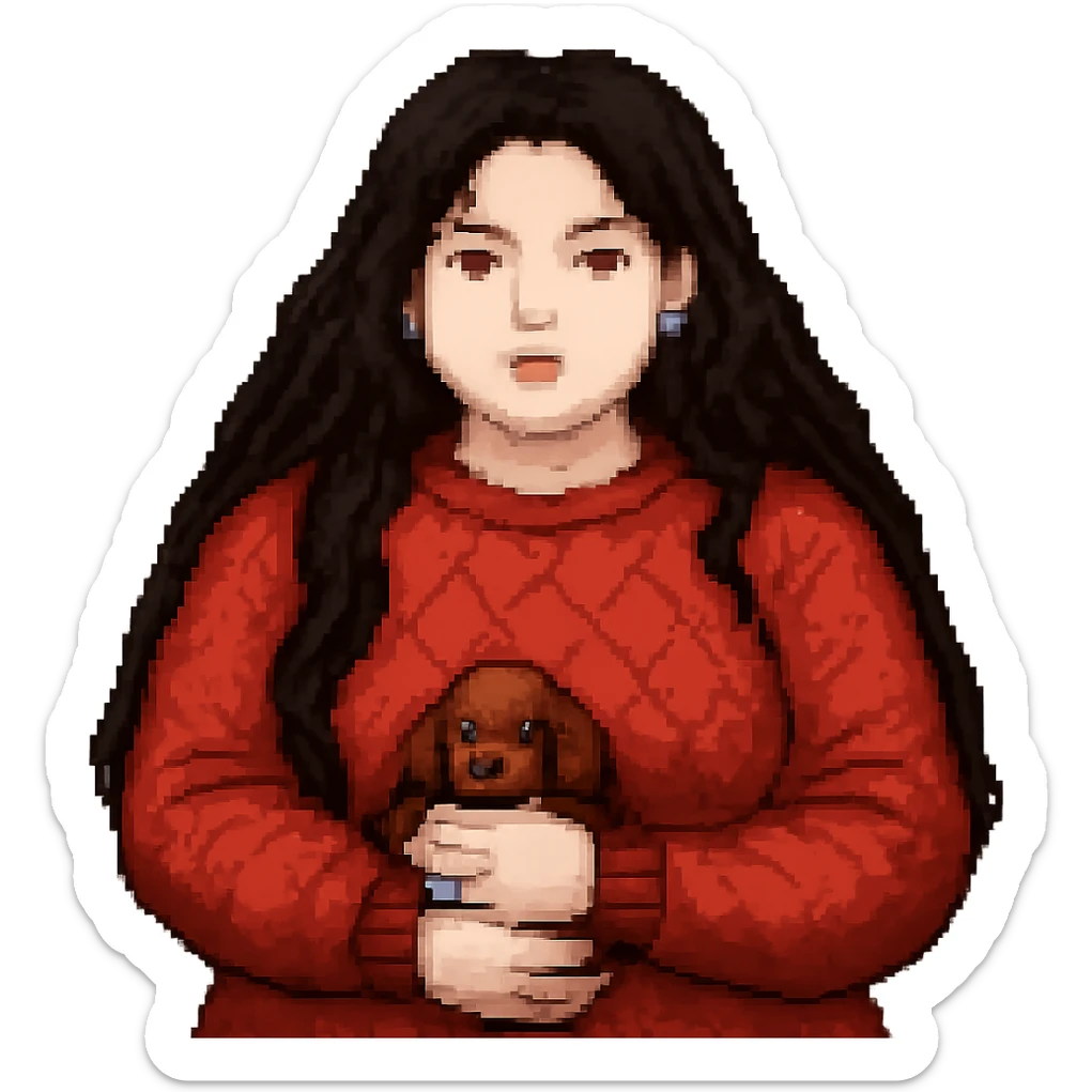 Make the woman's hair much darker and longer, reaching waist length, and increase her weight for a fuller figure, in pixel art style, with no background. sticker
