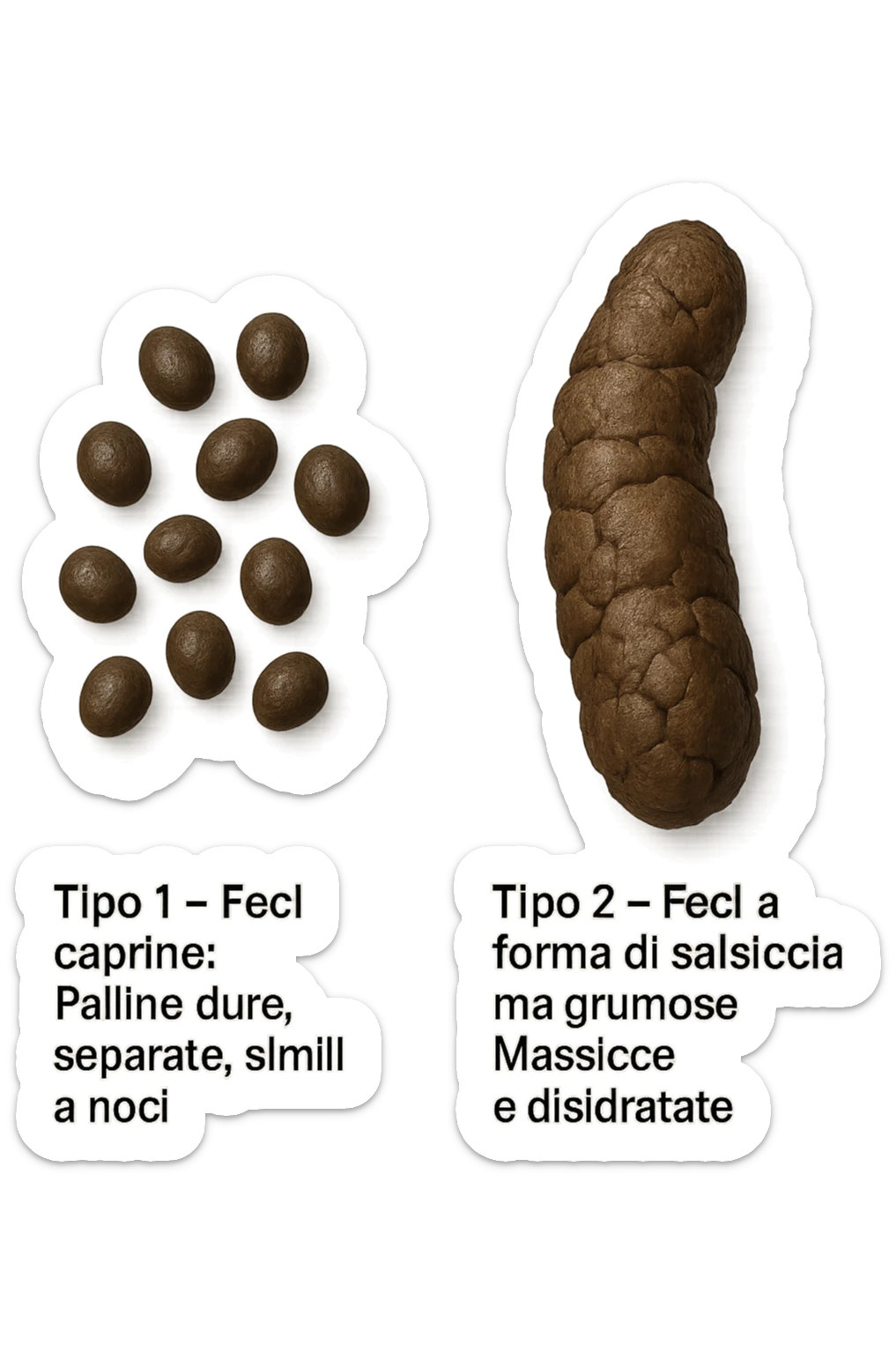 immagine di due tipi di feci iperrealistiche viste dall'alto con descrizione:
Tipo 1 – Feci caprine
Palline dure, separate, simili a noci

Tipo 2 – Feci a forma di salsiccia ma grumose
Massicce e disidratate.
 sticker