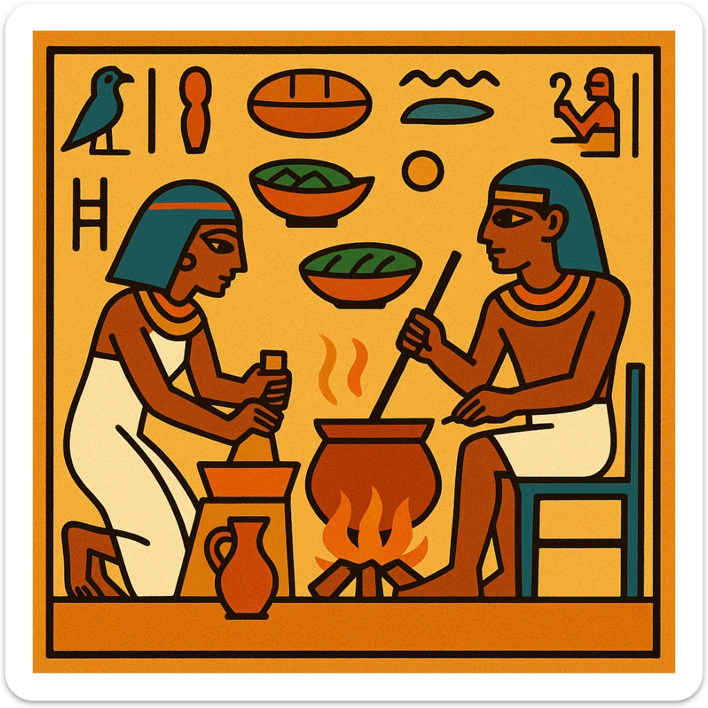 ancient Egyptian cooking scene in hieroglyphic style sticker
