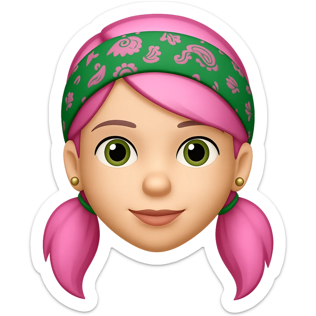Create an image of a woman in the style of Apple emojis, featuring a green paisley bandana, pink hair, and earrings, with no background. sticker