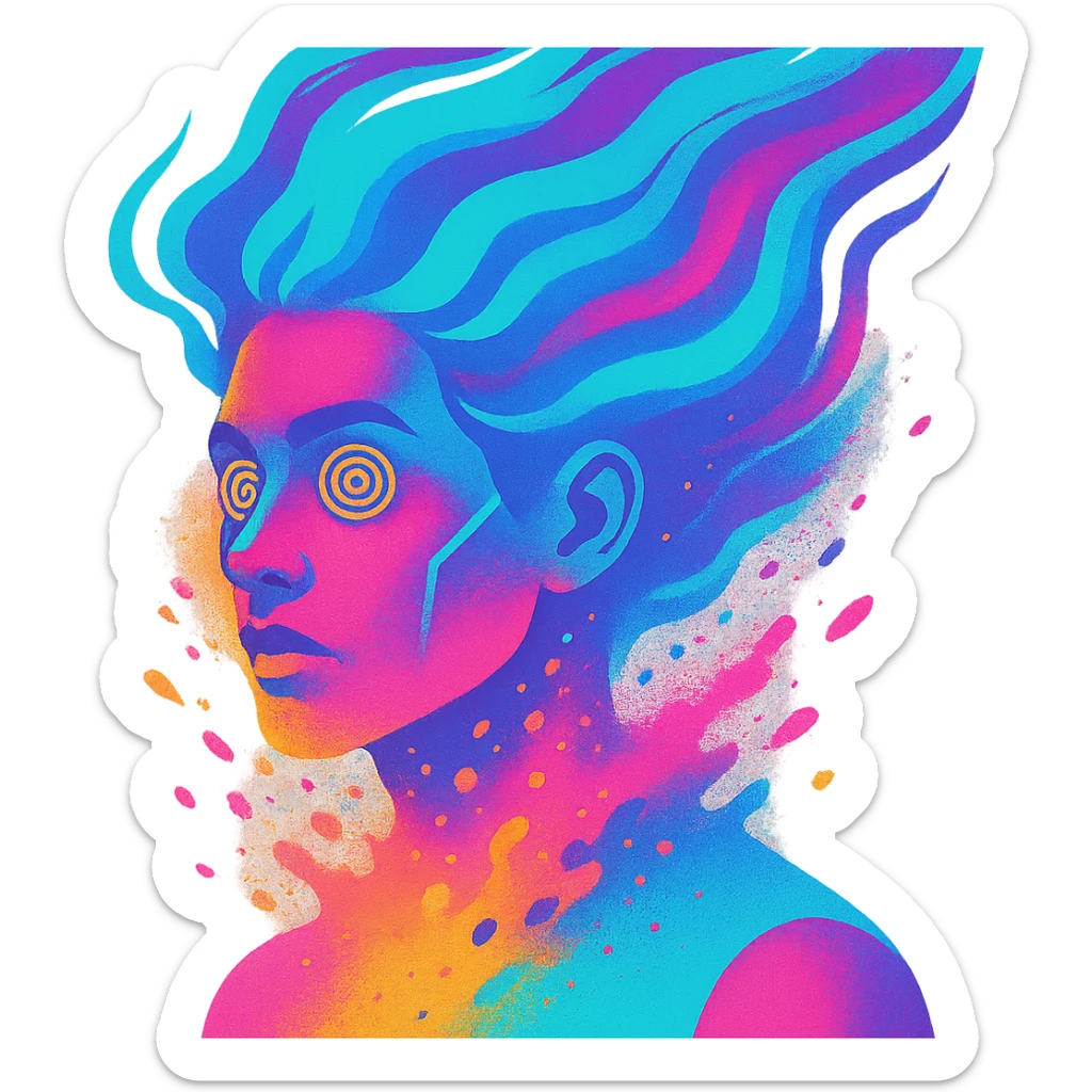 surreal portrait of a person with neon skin, face dissolving in an explosion of colors, airbrush effect, hair as swirling liquid color streams like northern lights, hypnotic spiral eyes, geometric elements along face contour, paint particles flying away, acid purple, turquoise, and electric pink blending, sense of movement sticker