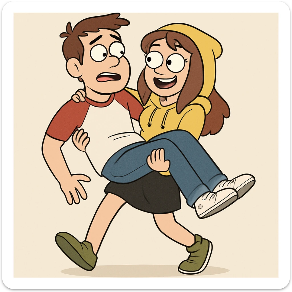 A man Raglan sleeves with Red t-shirts blue jeans white shoes carried by a cute a girl yellow hoodie black skirt green shoe  sticker
