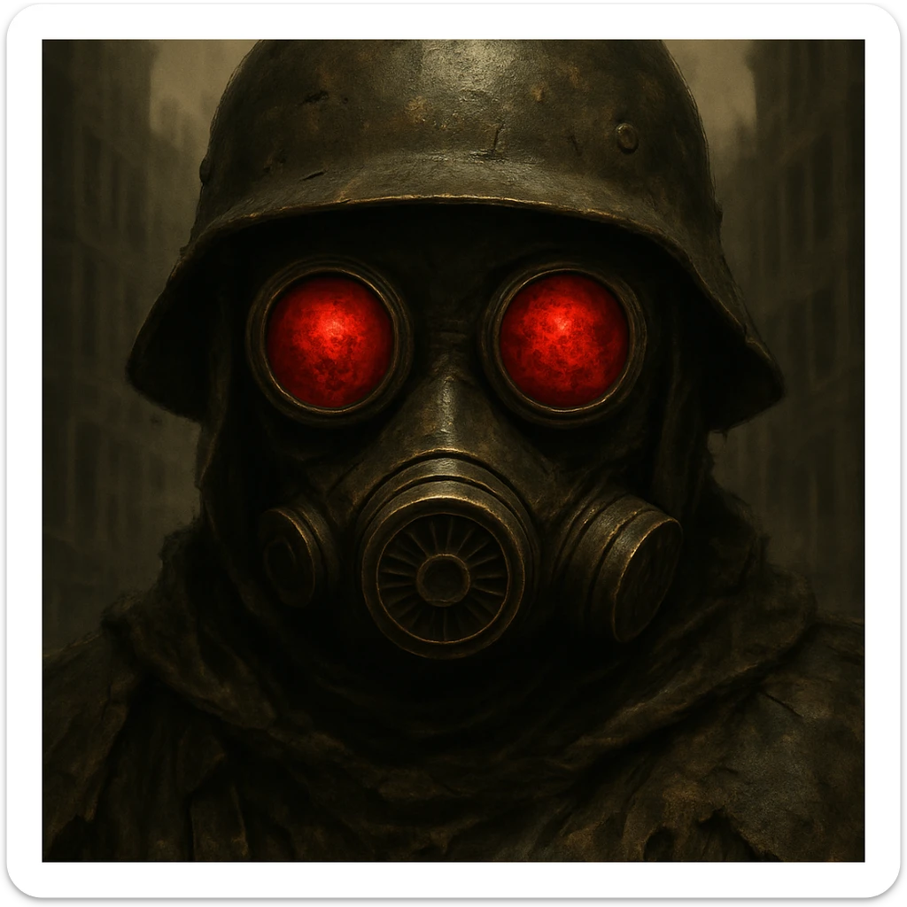 Add a helmet and zoom in on the face of the post apocalyptic soldier wearing a gas mask with red eyes, keep the gritty style, detailed and intense atmosphere. sticker