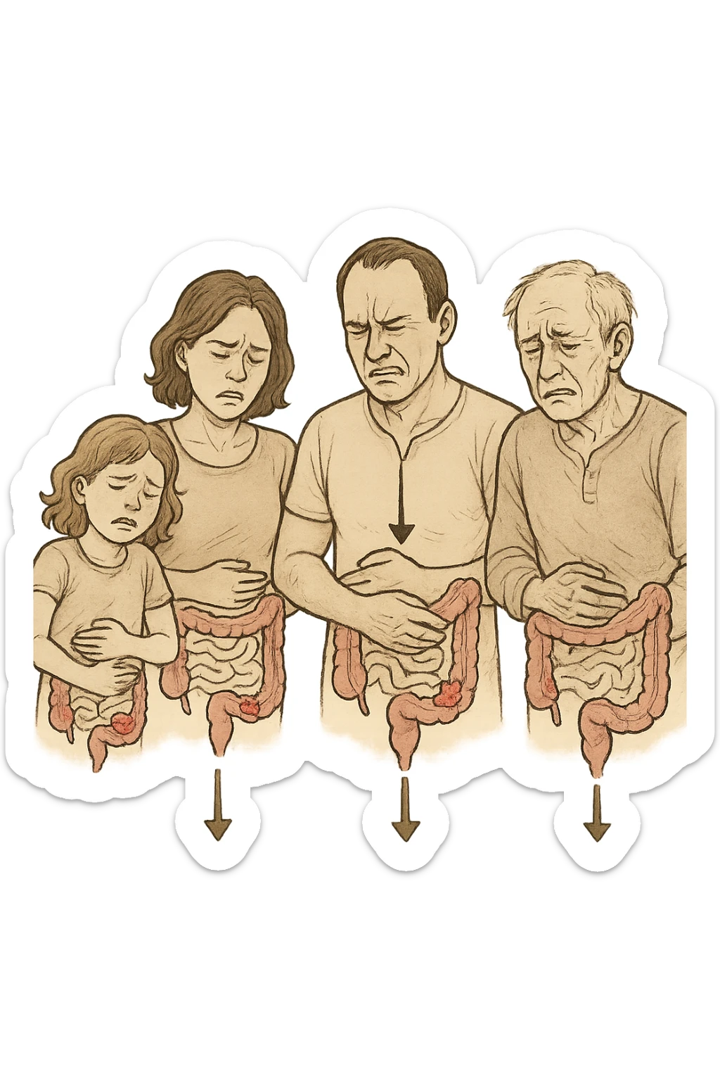 UNA SFILZA DI PARENTI TUTTE MALATE DI CANCRO AL COLON, SI TRAMANDO IL CANCRO NELLE GENERAZIONI, INTESTINO ANATOMICO VISIBILE ED ESPRESSIONE DI DOLORE IN VOLTO, MAL DI PANCIA sticker