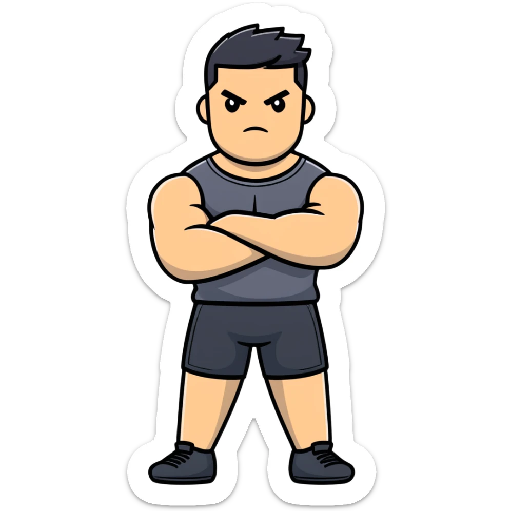 full body bulky male figure standing with arms crossed, muscular build, wearing athletic clothes, serious expression sticker