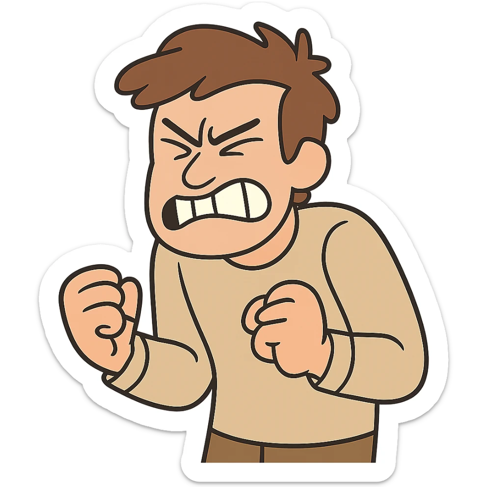 a person clenching their fists and gritting their teeth, frustrated, cartoon style sticker