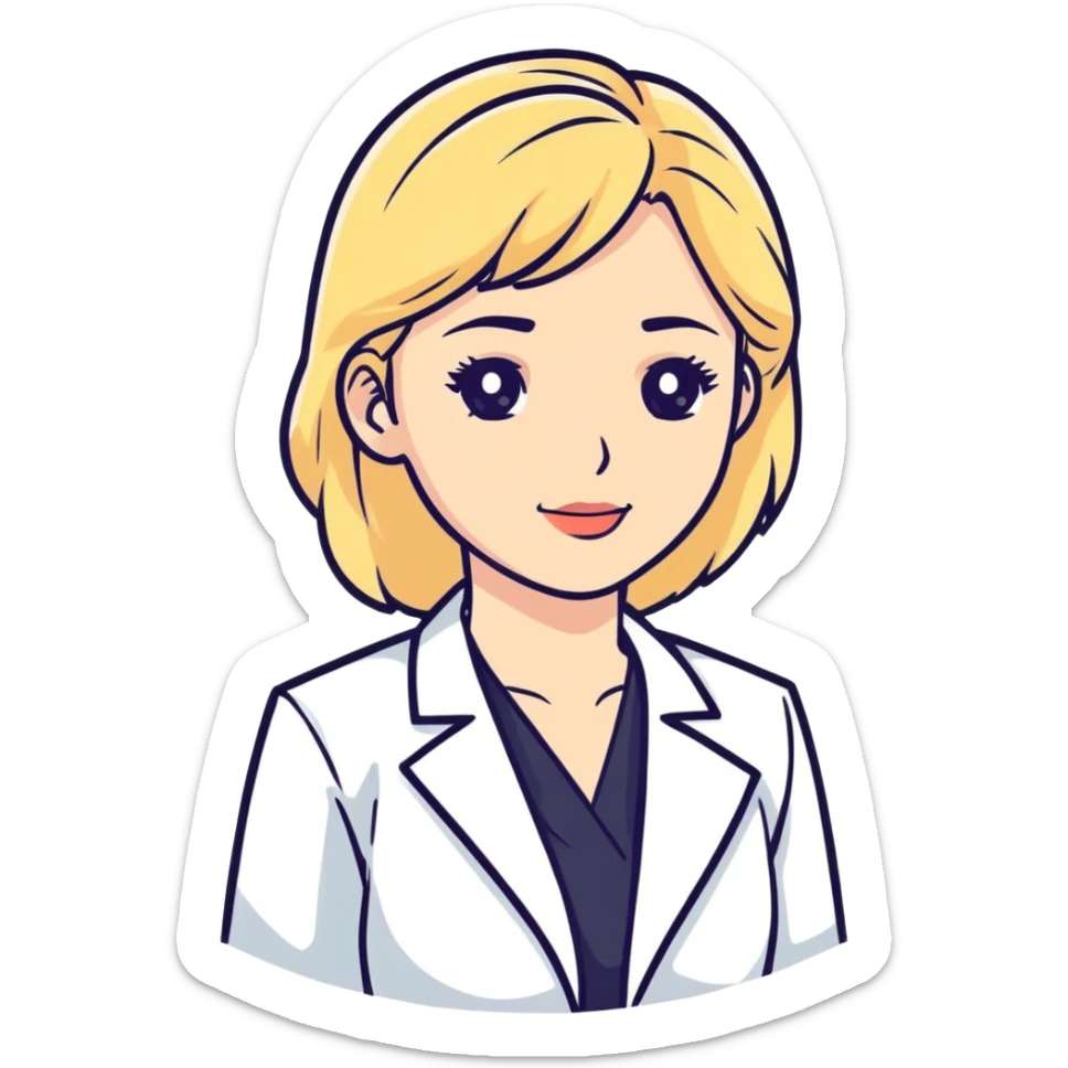 blonde caucasian woman in white dress shirt and white lab coat sticker