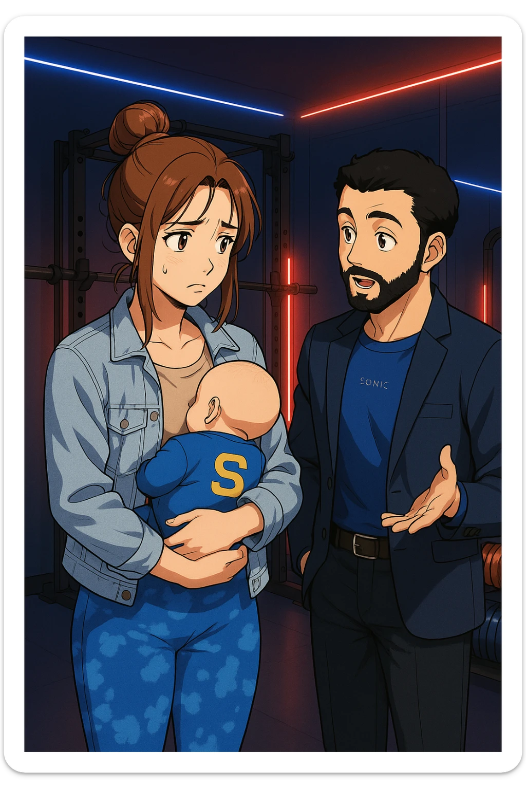 ispirati a questo stile di disegno e fai questa immagine in versione manga/webtoon a colori, il manga mostra la donna preoccupata con un neonato in braccio con una tutina azzurra e la scritta "S" sulla schiena, mentre ascolta l'uomo mentre l'uomo gli sta spiegando una cosa, ma non fare i fumetti, fai come se stessero parlando sticker