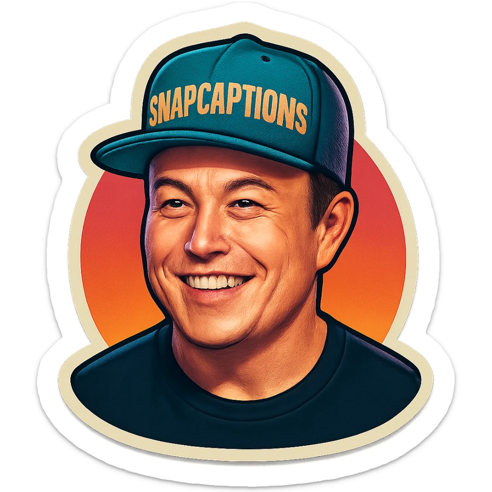 sticker of Elon Musk wearing a snapback cap with the name 'Snapcaptions', retro sticker style, vibrant and fun sticker
