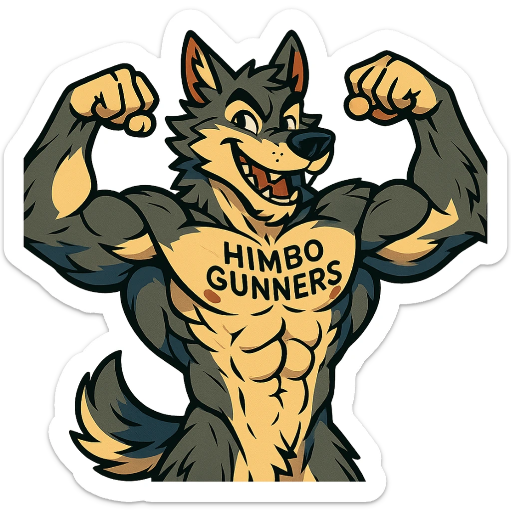 very muscular, handsome, and detailed wolf furry, shirtless, with 'Himbo Gunners' tattooed on chest, flexing pose, energetic, playful, extremely detailed anatomy and fur sticker