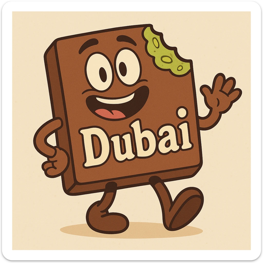 cartoon-style Dubai chocolate with a bite, green pistachio filling visible, playful and bold colors sticker