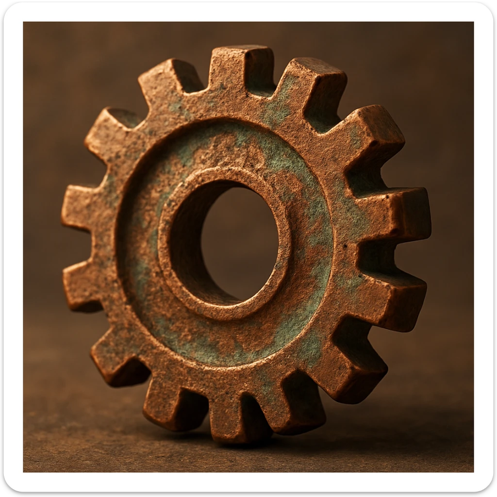 copper gear with a weathered surface, detailed highlights, and a hint of green patina sticker