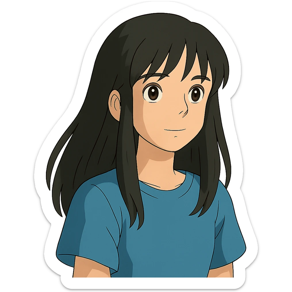 ghibli style teenager girl with black long hair and blue shirt sticker