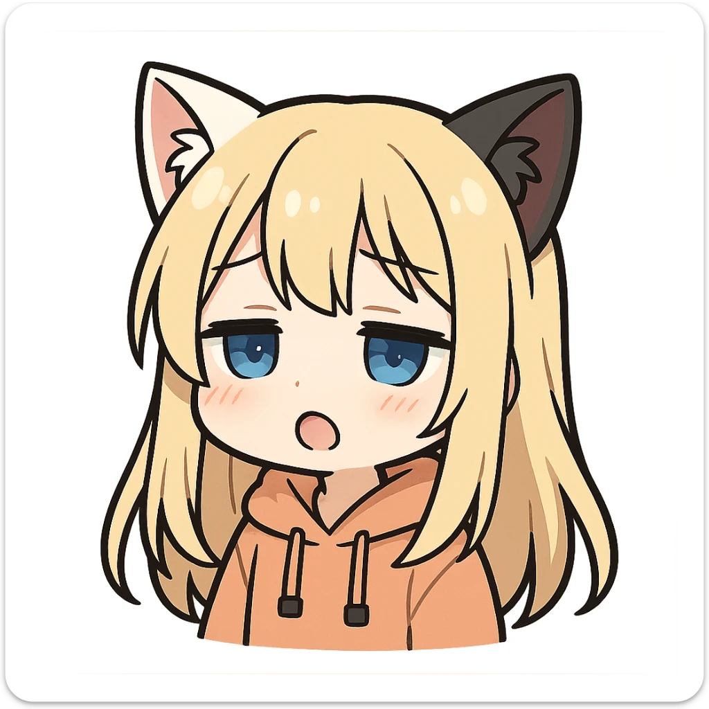 chibi anime catgirl with one white cat ear and one black cat ear, longer blonde hair, blue eyes, white skin, peach colored hoodie, cute, sleepy expression, twitch emote style, no background sticker