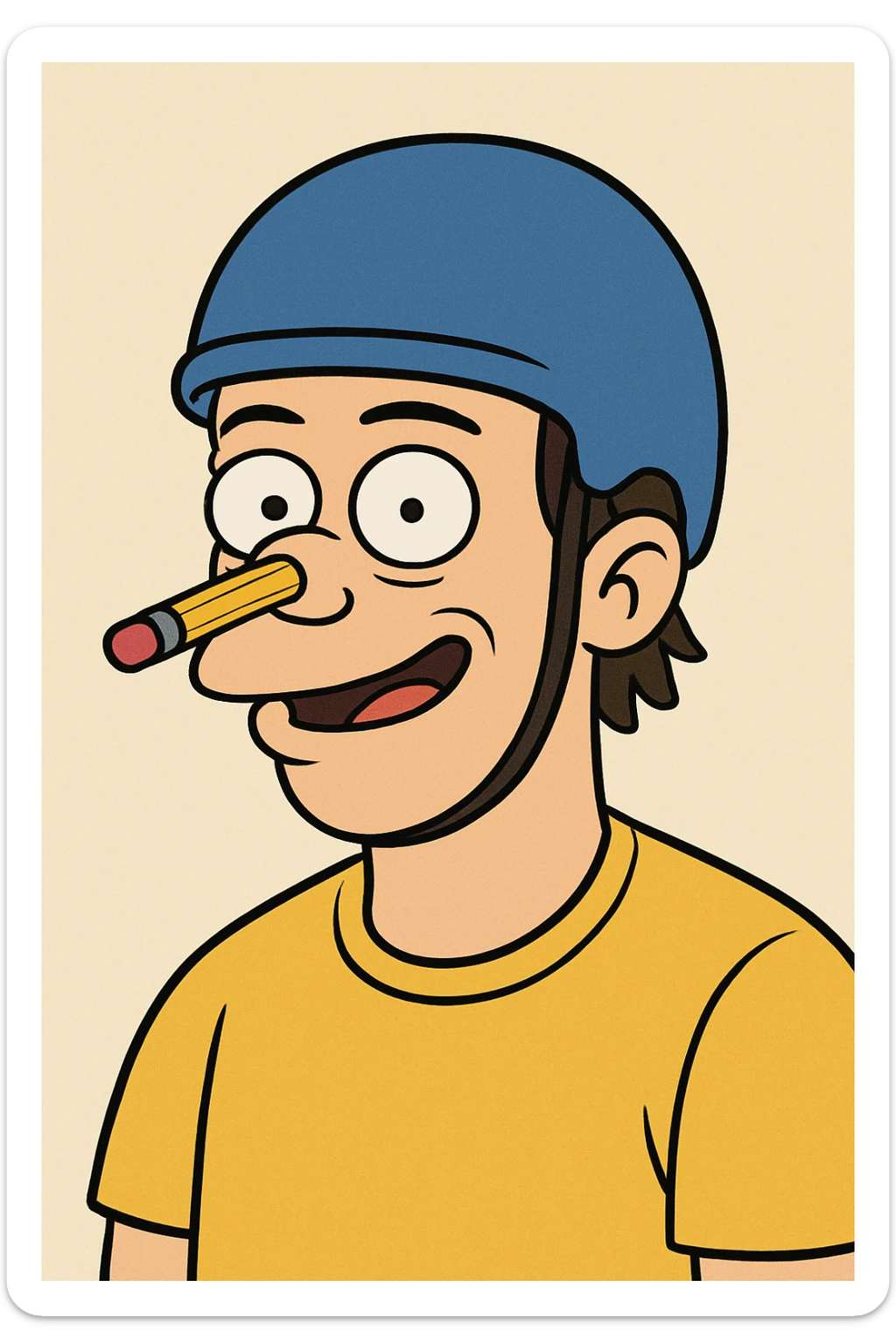 cartoon style portrait of a man with a blue helmet, a pencil in his nose, and a yellow shirt, playful expression, minimal background sticker
