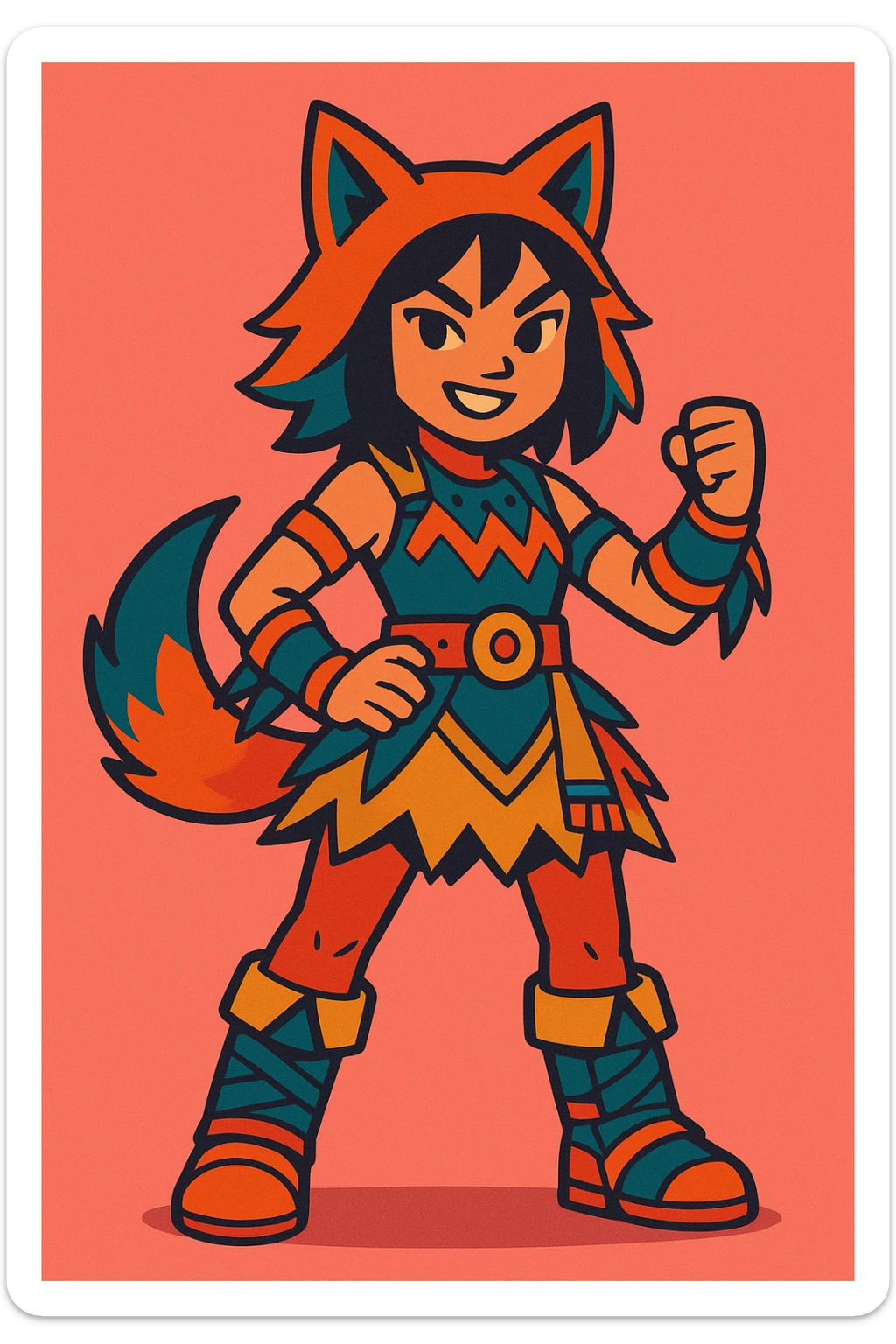 Asian girl dressed as a therian, confident stance, detailed gear, lively colors sticker