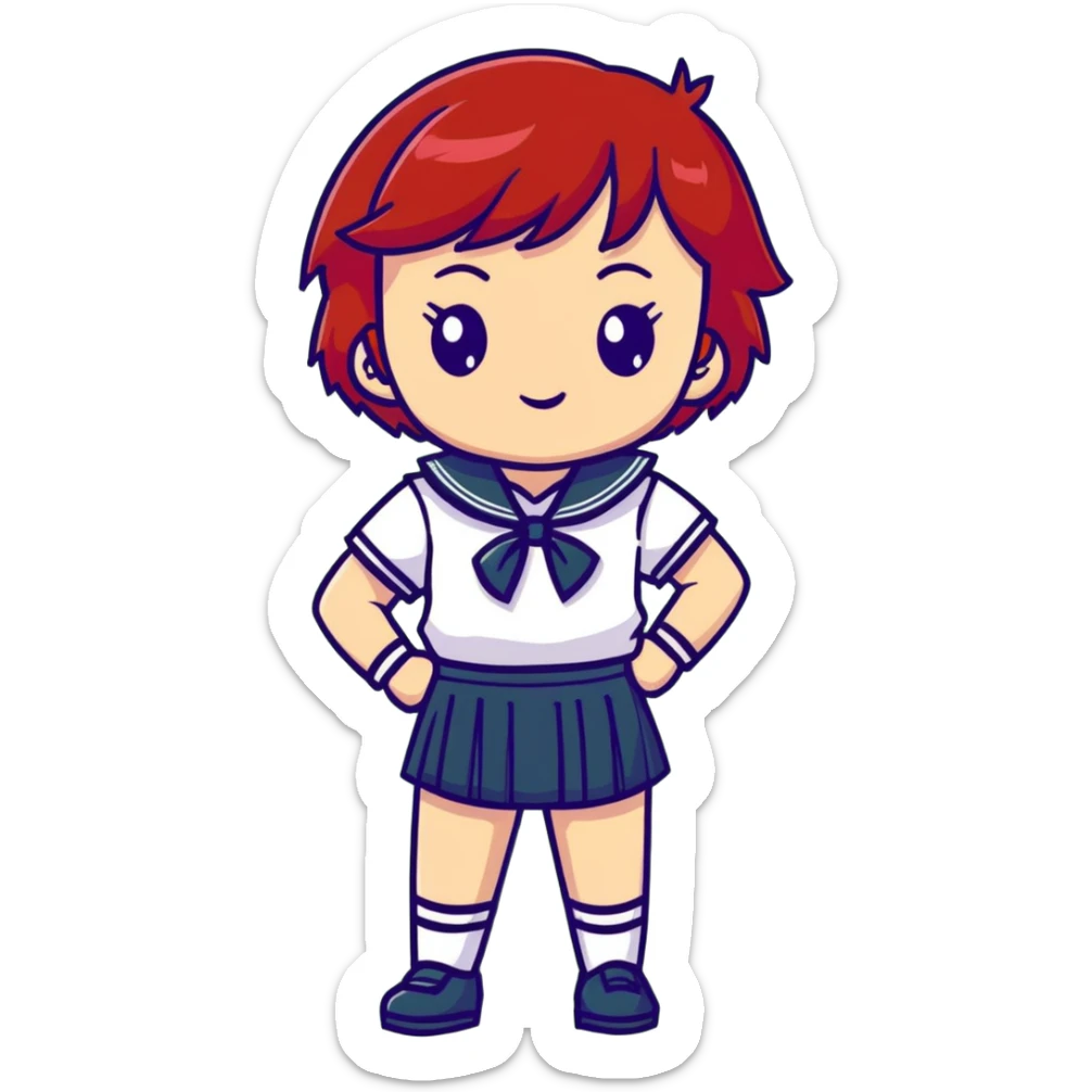 Serious anime girl with short bright red hair wearing Japanese sailor style school uniform, composed expression with hand on hip, confident and stern sticker