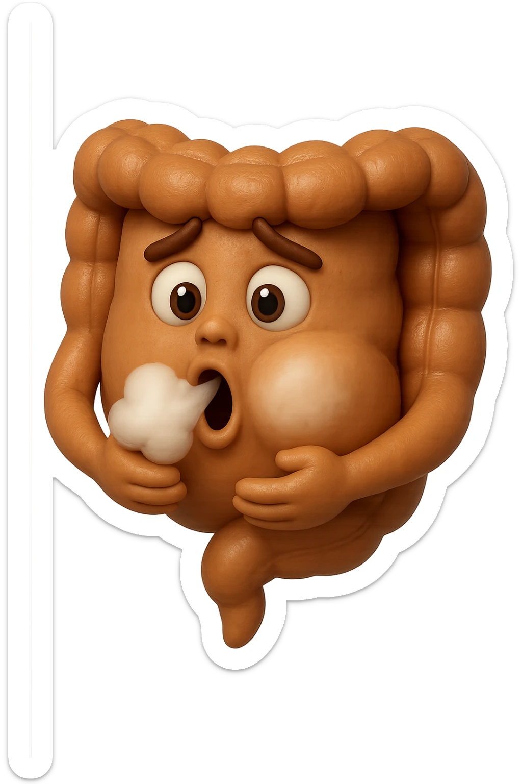 emoji stile iphone di un intestino che ingoia una nuvoletta di aria ben visibile e gli si gonfia la pancia, iperrealistico 4k sticker