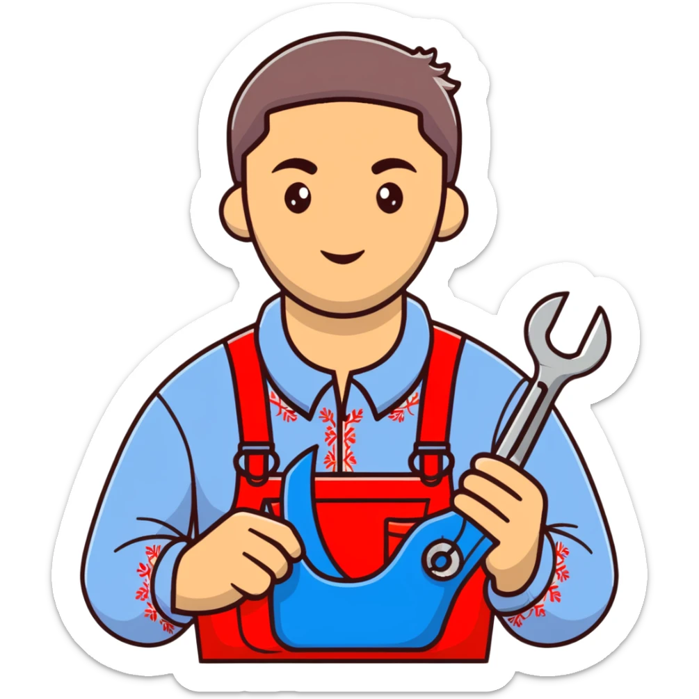 Ukrainian craftsman wearing traditional embroidered vyshyvanka shirt holding a spanner wrench and red scissors sticker