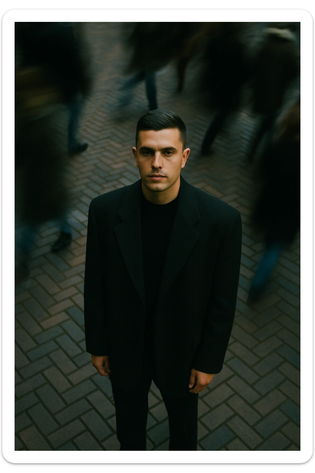 overhead shot of me standing still on a brick city sidewalk, wearing a dark oversized blazer,motion-blurred crowd rushes past around me. Moody lighting, 35mm film look, shallow depth of field, sharp focus on me. sticker